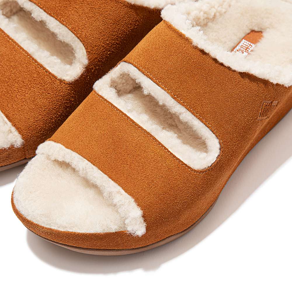 Kapcie Fitflop SHUV Two-Bar Shearling Suede Slides Damskie Głęboka Brązowe | Polska-94782