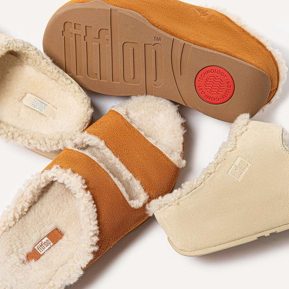 Kapcie Fitflop SHUV Two-Bar Shearling Suede Slides Damskie Głęboka Brązowe | Polska-94782