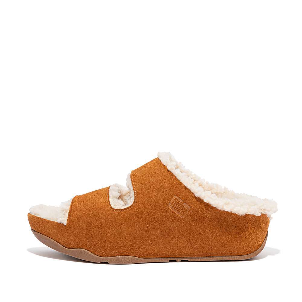 Kapcie Fitflop SHUV Two-Bar Shearling Suede Slides Damskie Głęboka Brązowe | Polska-94782