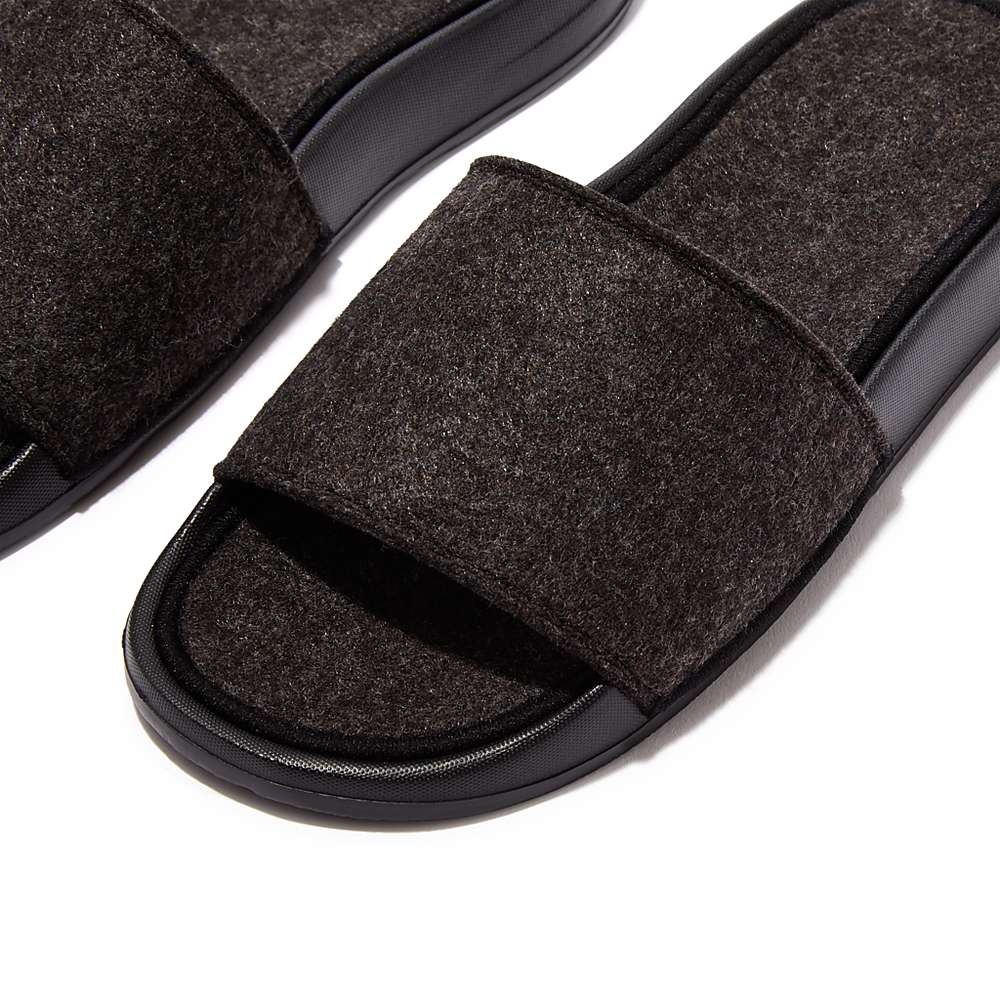 Klapki Fitflop IQUSHION E01 Felt Slides Damskie Czarne | Polska-56093