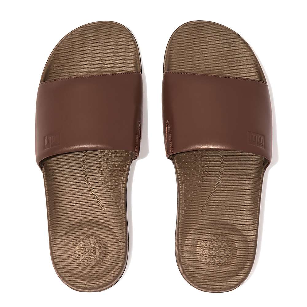 Klapki Fitflop IQUSHION Ergonomic Leather Slides Męskie Ciemny Brązowe | Polska-60254