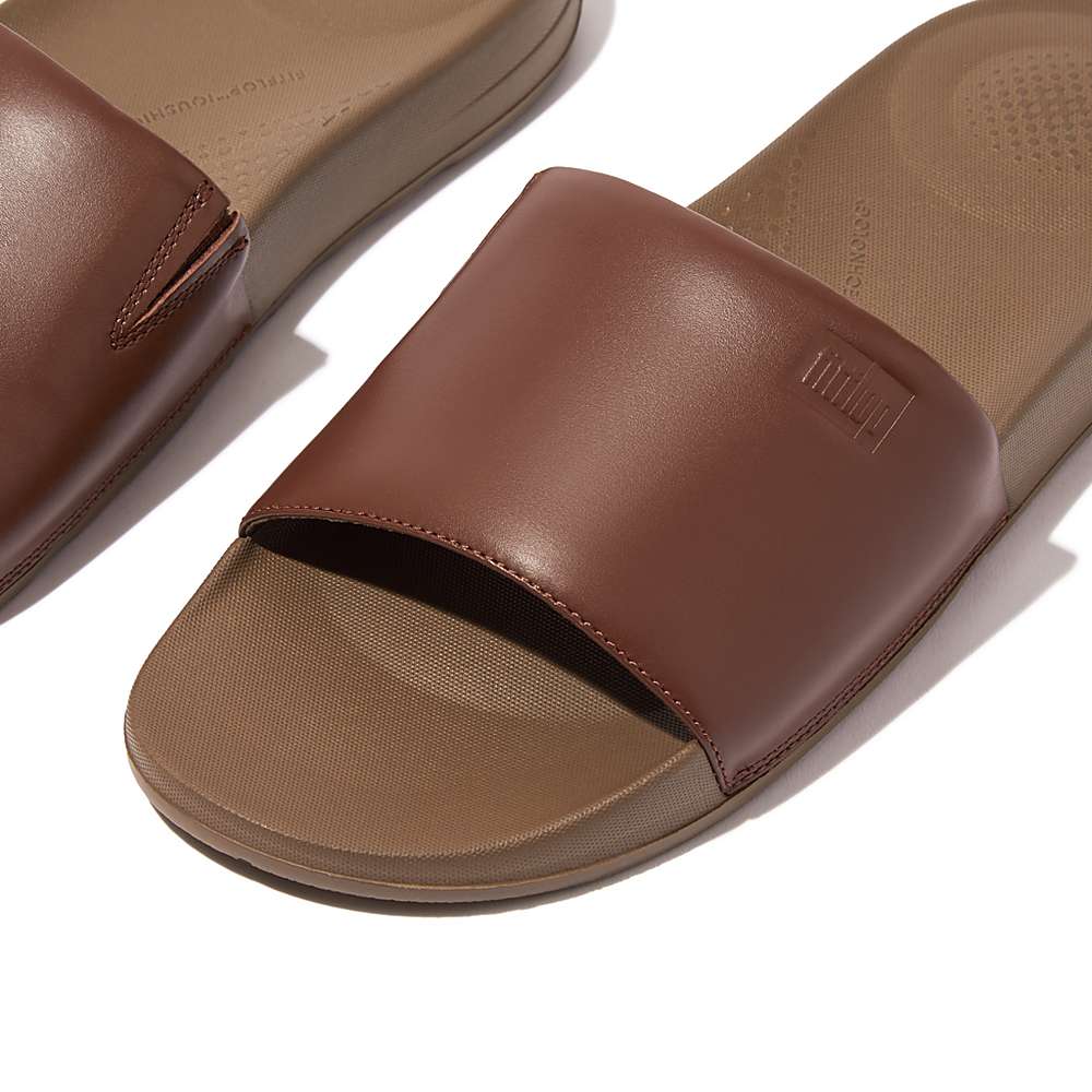 Klapki Fitflop IQUSHION Ergonomic Leather Slides Męskie Ciemny Brązowe | Polska-60254