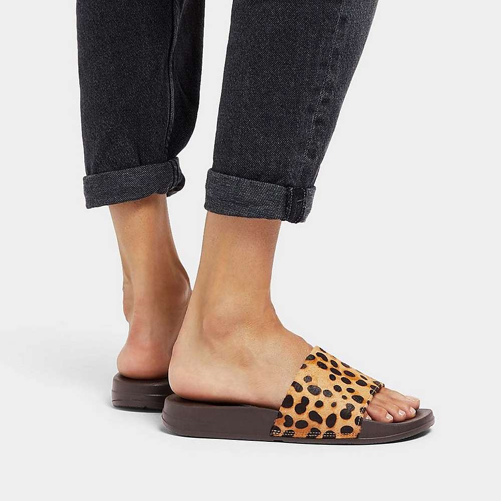 Klapki Fitflop IQUSHION Leopard-Print Leather Slides Damskie Panterka | Polska-70148