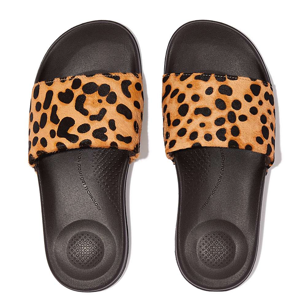 Klapki Fitflop IQUSHION Leopard-Print Leather Slides Damskie Panterka | Polska-70148