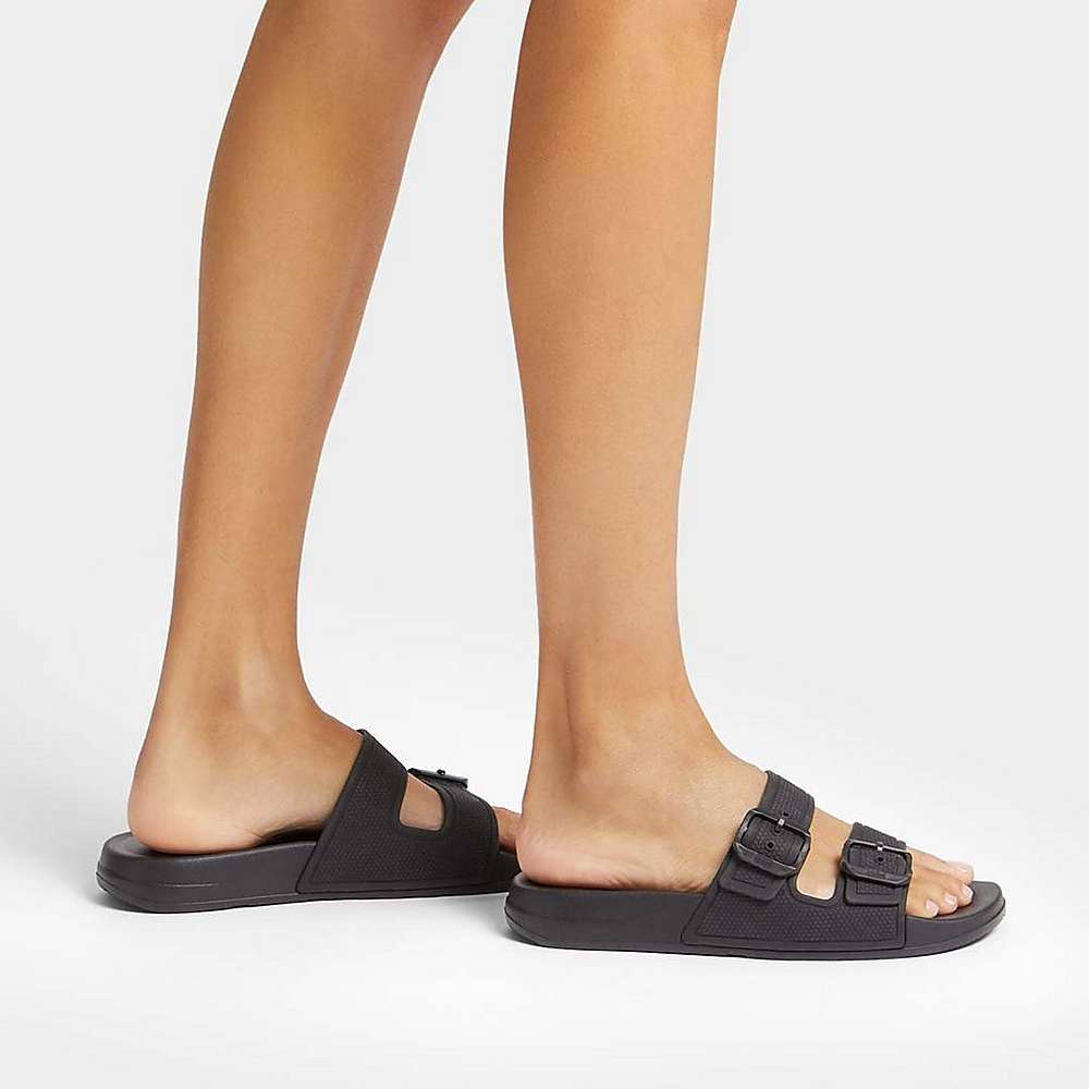 Klapki Fitflop IQUSHION Two-Bar Buckle Slides Damskie Czarne | Polska-43591