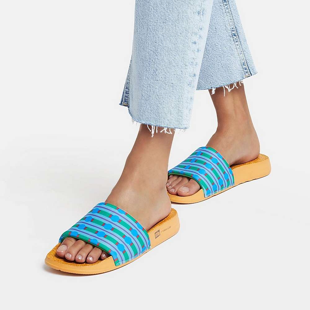 Klapki Fitflop IQUSHION X Yinka Ilori Wody-Resistant Slides Damskie Niebieskie Zielone | Polska-03946