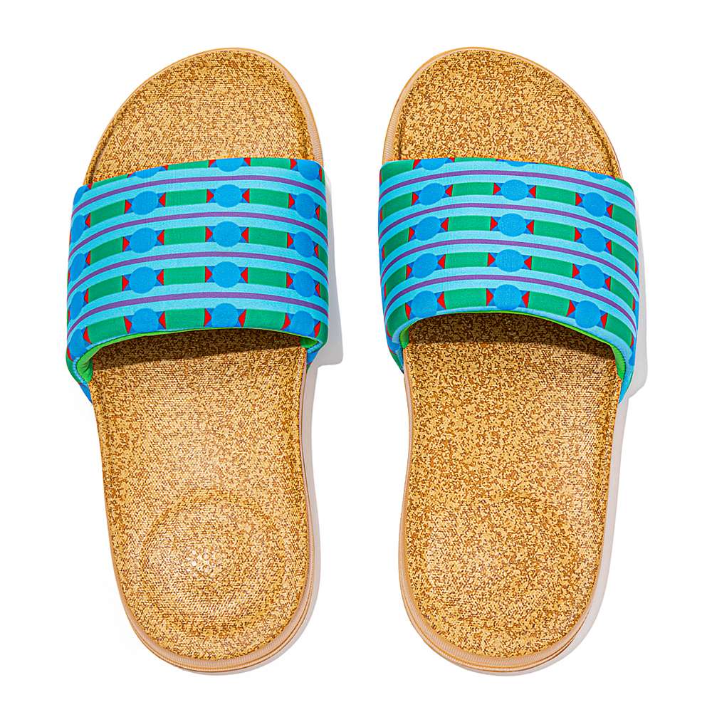 Klapki Fitflop IQUSHION X Yinka Ilori Wody-Resistant Slides Damskie Niebieskie Zielone | Polska-03946