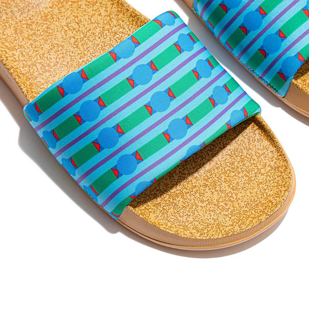 Klapki Fitflop IQUSHION X Yinka Ilori Wody-Resistant Slides Damskie Niebieskie Zielone | Polska-03946