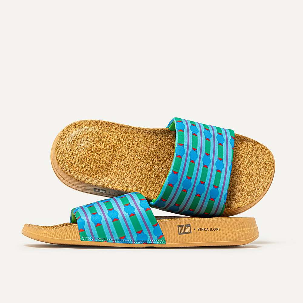 Klapki Fitflop IQUSHION X Yinka Ilori Wody-Resistant Slides Damskie Niebieskie Zielone | Polska-03946