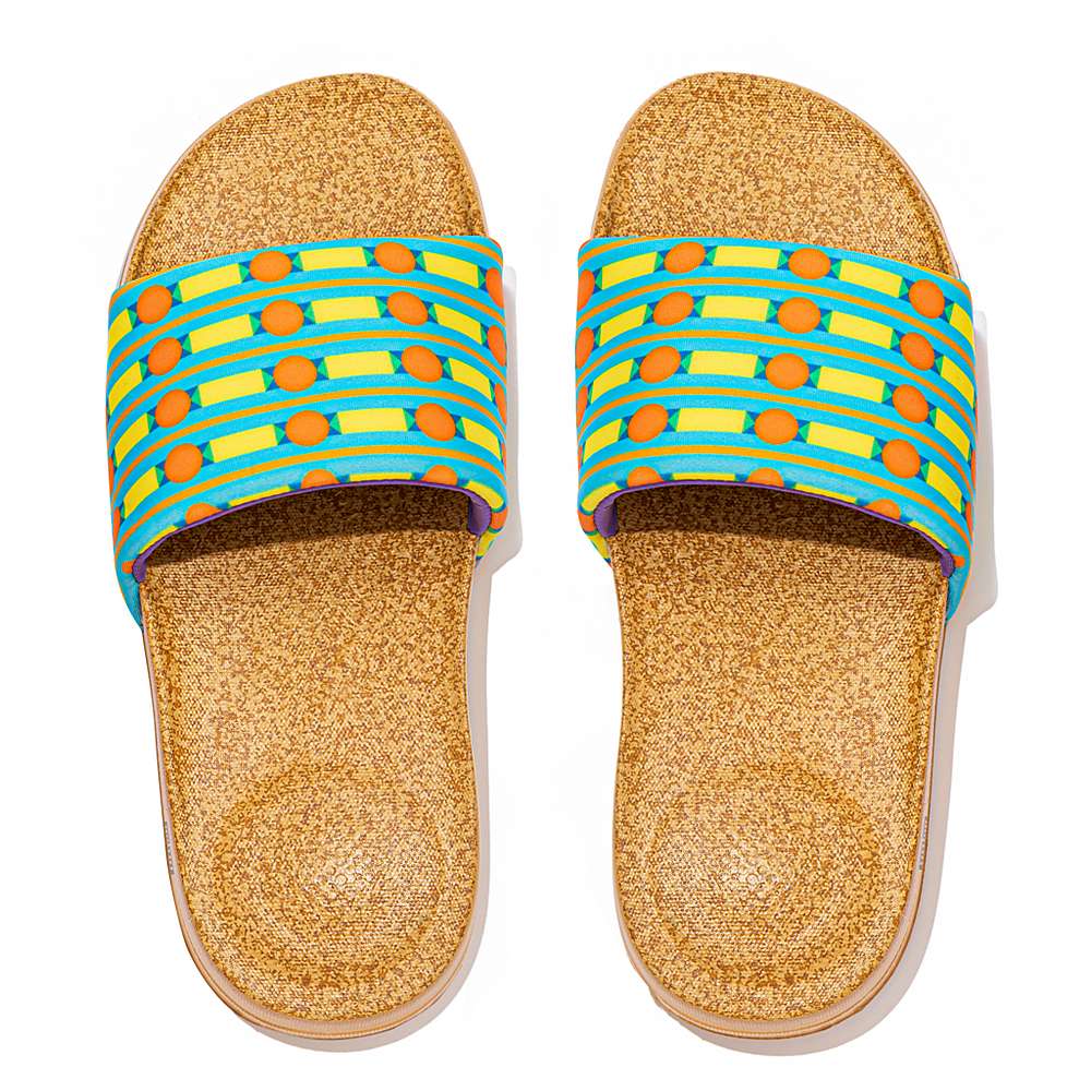 Klapki Fitflop IQUSHION X Yinka Ilori Wody-Resistant Slides Damskie Niebieskie Żółte | Polska-70162