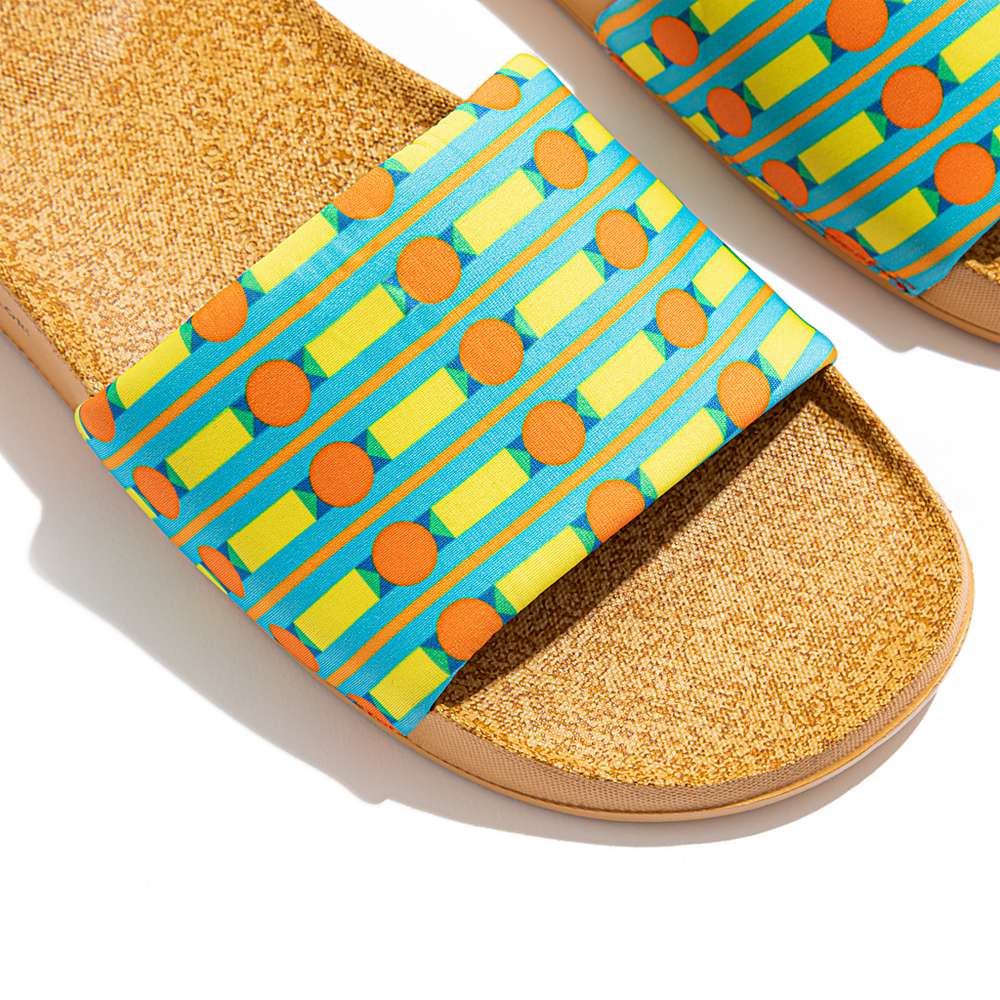 Klapki Fitflop IQUSHION X Yinka Ilori Wody-Resistant Slides Damskie Niebieskie Żółte | Polska-70162