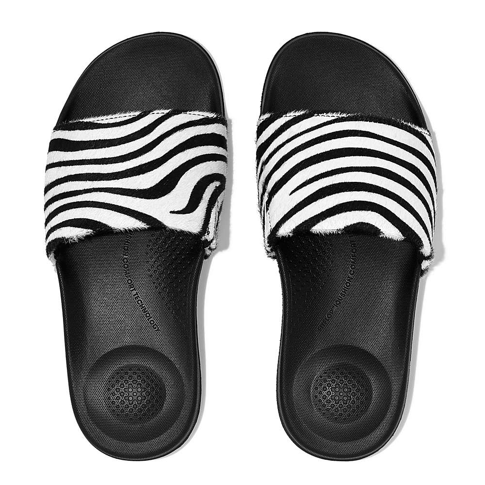 Klapki Fitflop IQUSHION Zebra Print Leather Slides Damskie Czarne Białe | Polska-38450