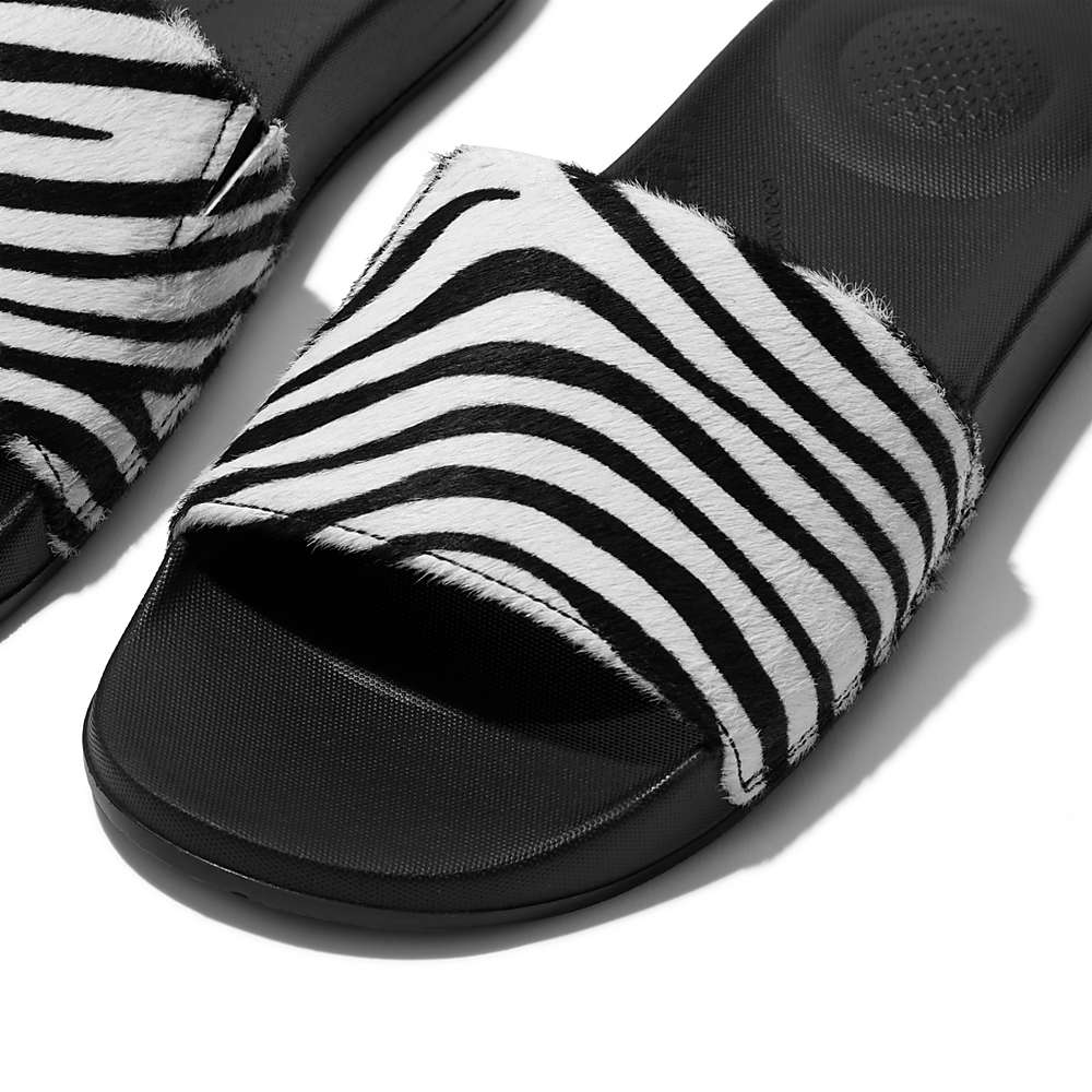 Klapki Fitflop IQUSHION Zebra Print Leather Slides Damskie Czarne Białe | Polska-38450