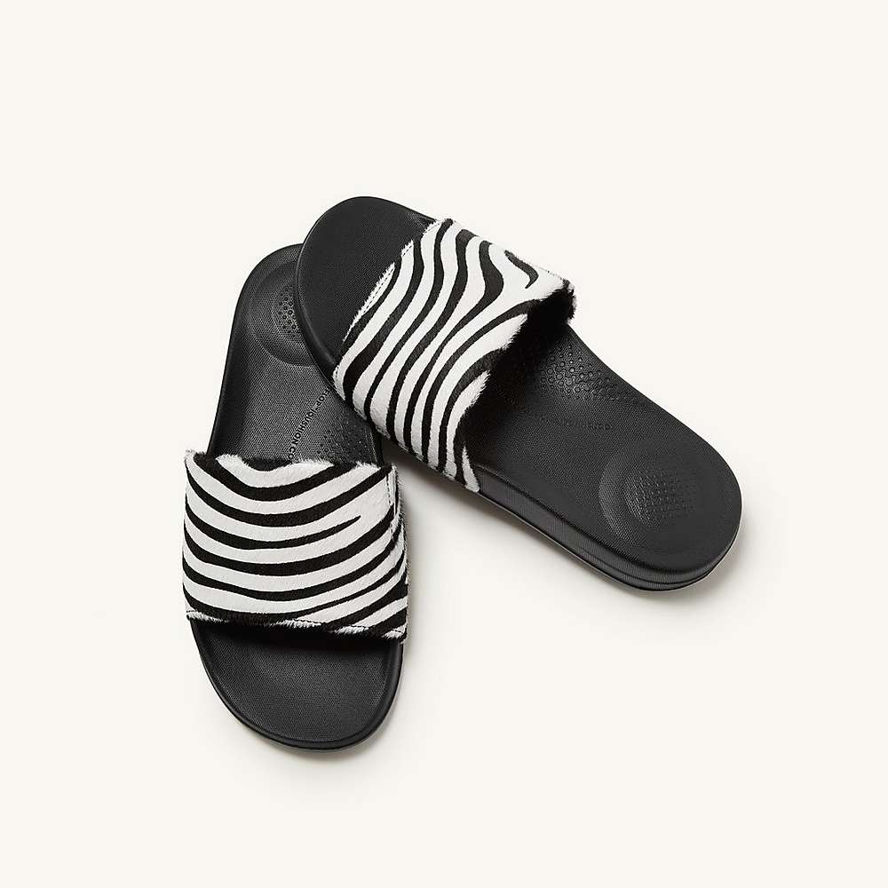 Klapki Fitflop IQUSHION Zebra Print Leather Slides Damskie Czarne Białe | Polska-38450