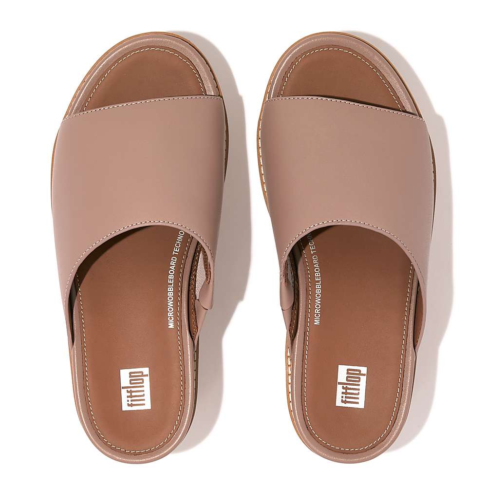 Sandały Fitflop ELOISE Cork-Wrap Leather Wedge Slides Damskie Beżowe | Polska-62819