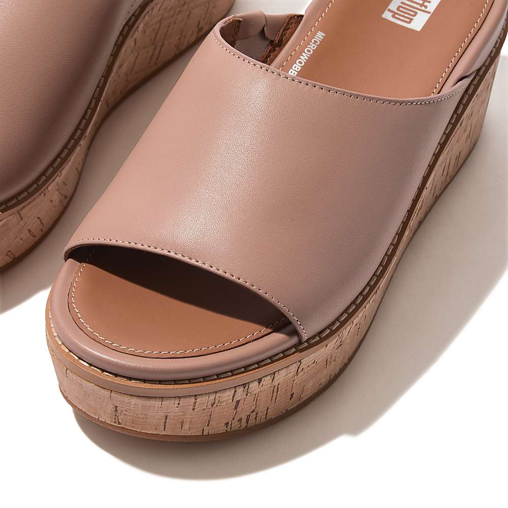 Sandały Fitflop ELOISE Cork-Wrap Leather Wedge Slides Damskie Beżowe | Polska-62819