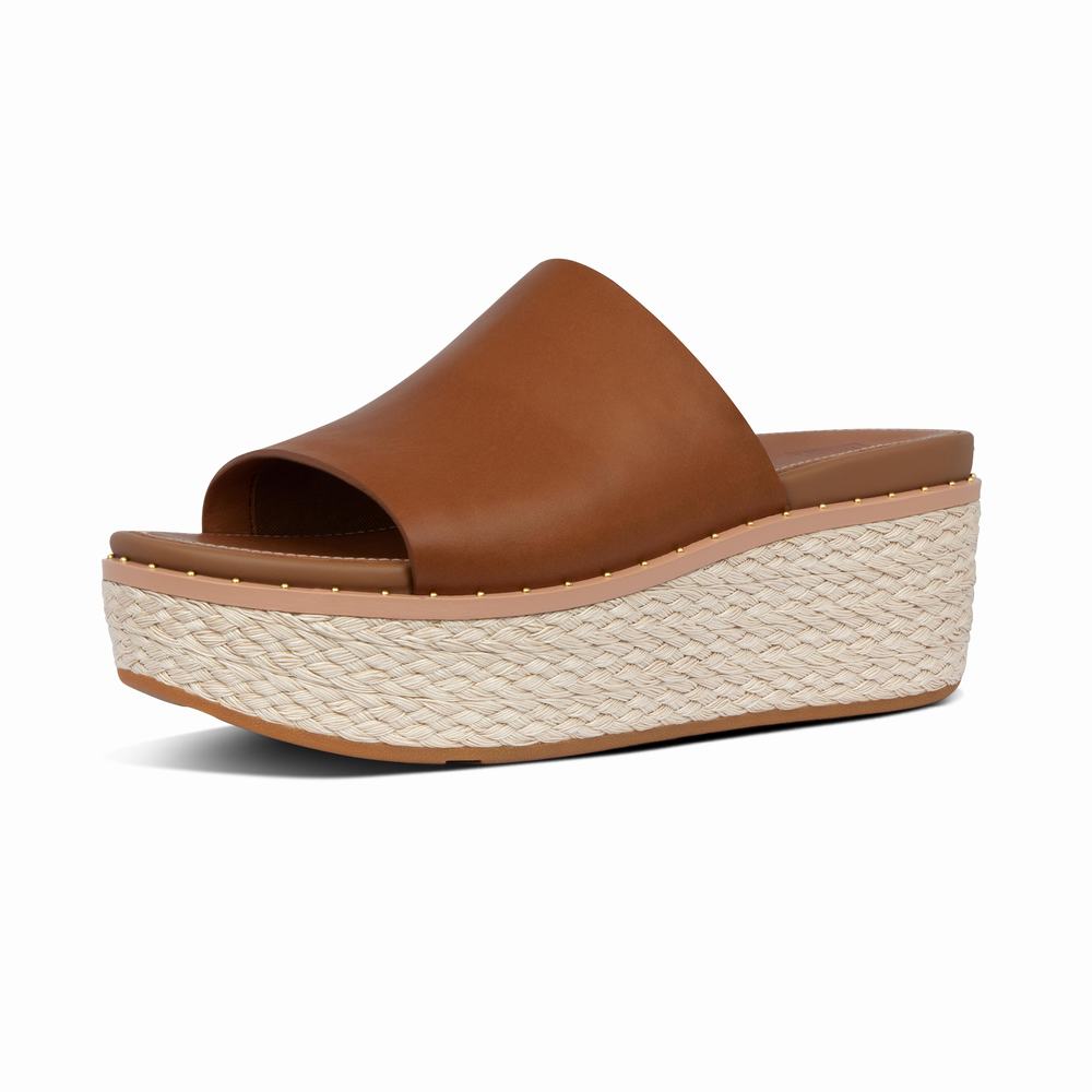 Sandały Fitflop ELOISE Espadrille Leather Wedge Slides Damskie Głęboka Brązowe | Polska-28975