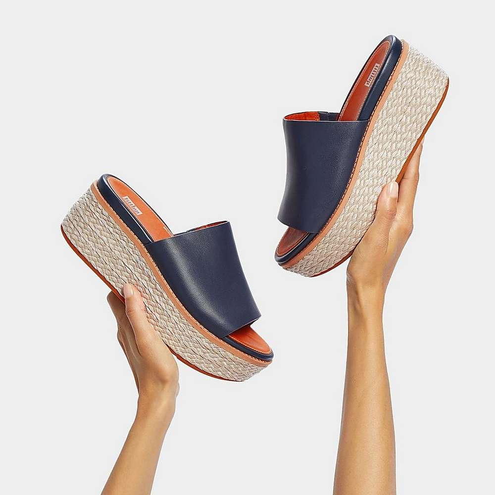 Sandały Fitflop ELOISE Espadrille Leather Wedge Slides Damskie Granatowe | Polska-69382