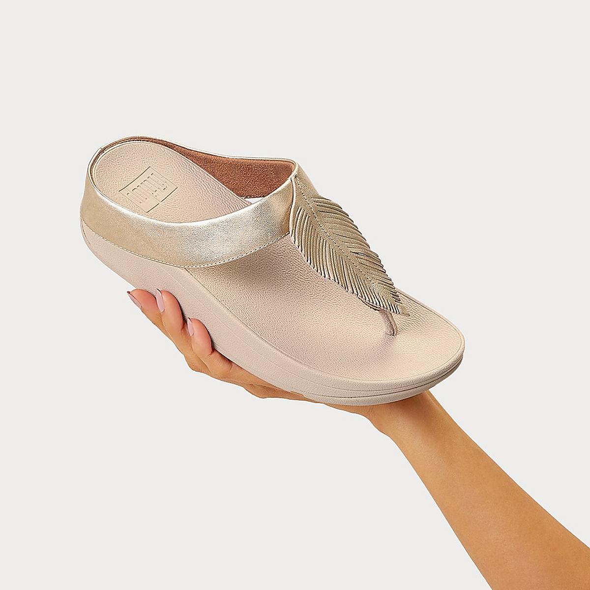 Sandały Fitflop FINO Feather Metallic Toe-Post Damskie Brązowe Złote | Polska-15643