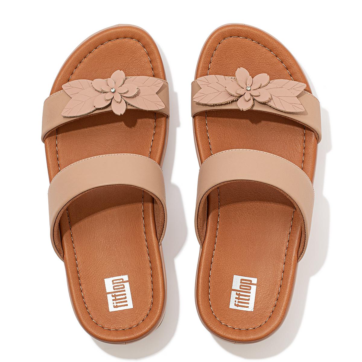 Sandały Fitflop FINO Floral Leather Slides Damskie Beżowe | Polska-40581