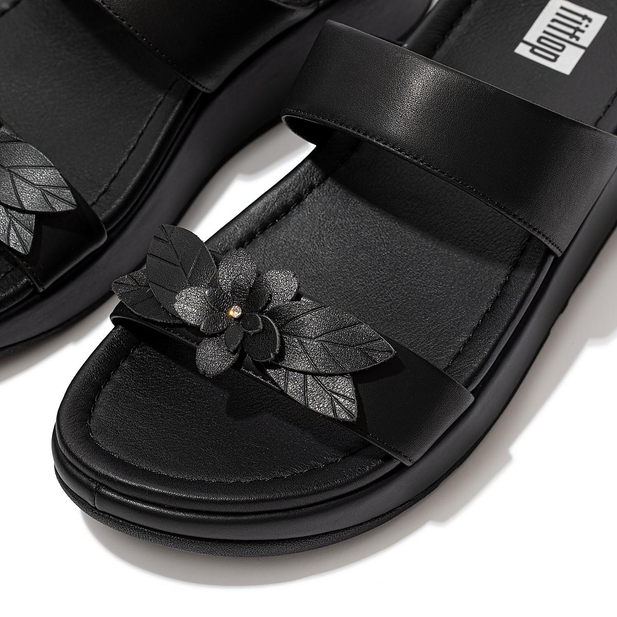 Sandały Fitflop FINO Floral Leather Slides Damskie Czarne | Polska-84375