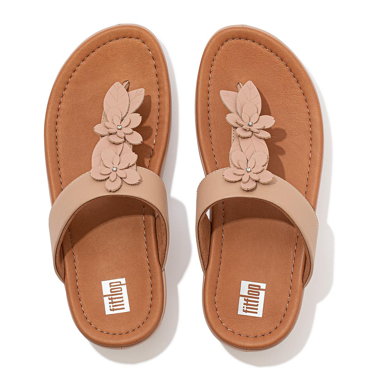 Sandały Fitflop FINO Floral Leather Toe-Post Damskie Beżowe | Polska-02458