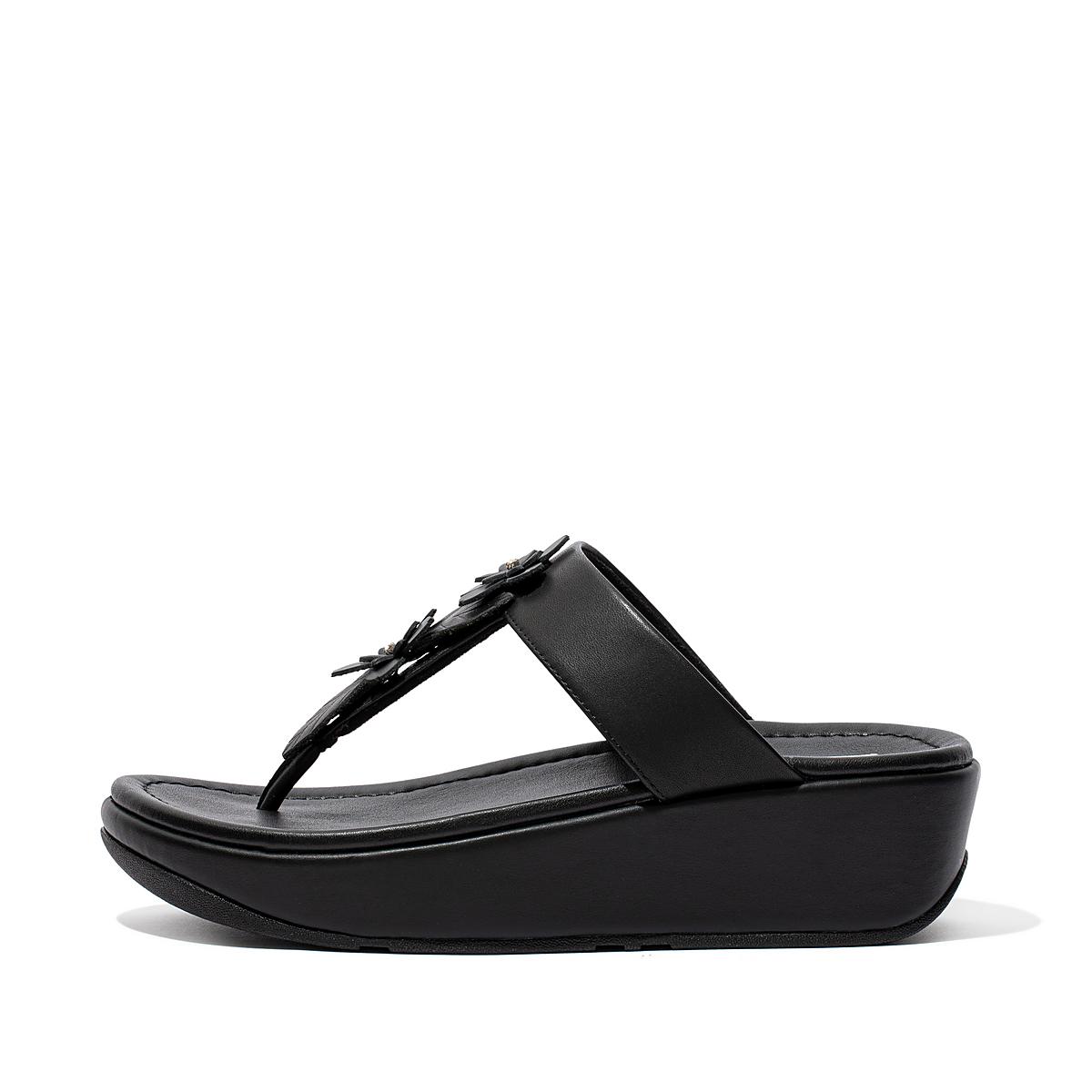 Sandały Fitflop FINO Floral Leather Toe-Post Damskie Czarne | Polska-37109