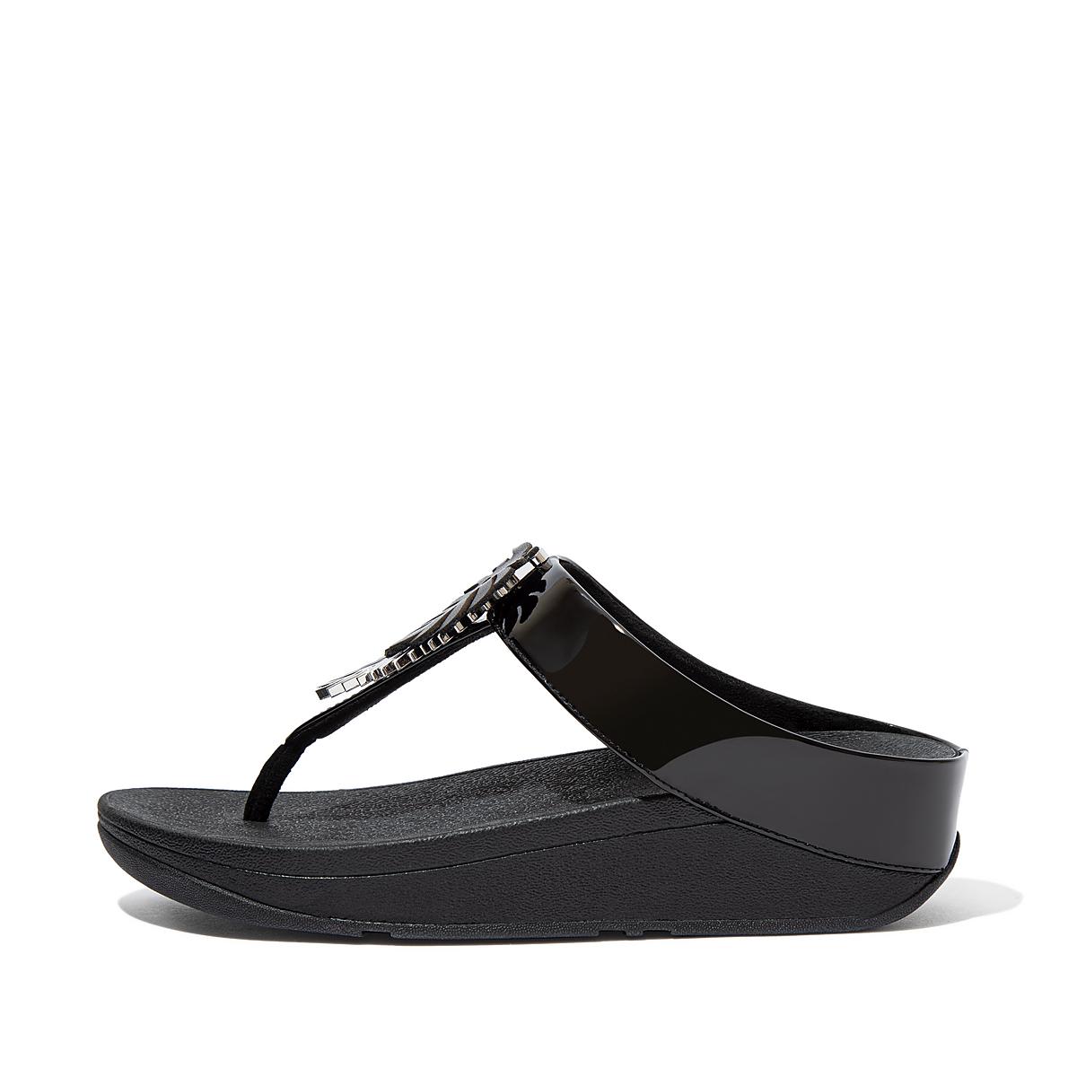 Sandały Fitflop FINO Jungle Leaf Lakierowana Toe-Post Damskie Czarne | Polska-51734