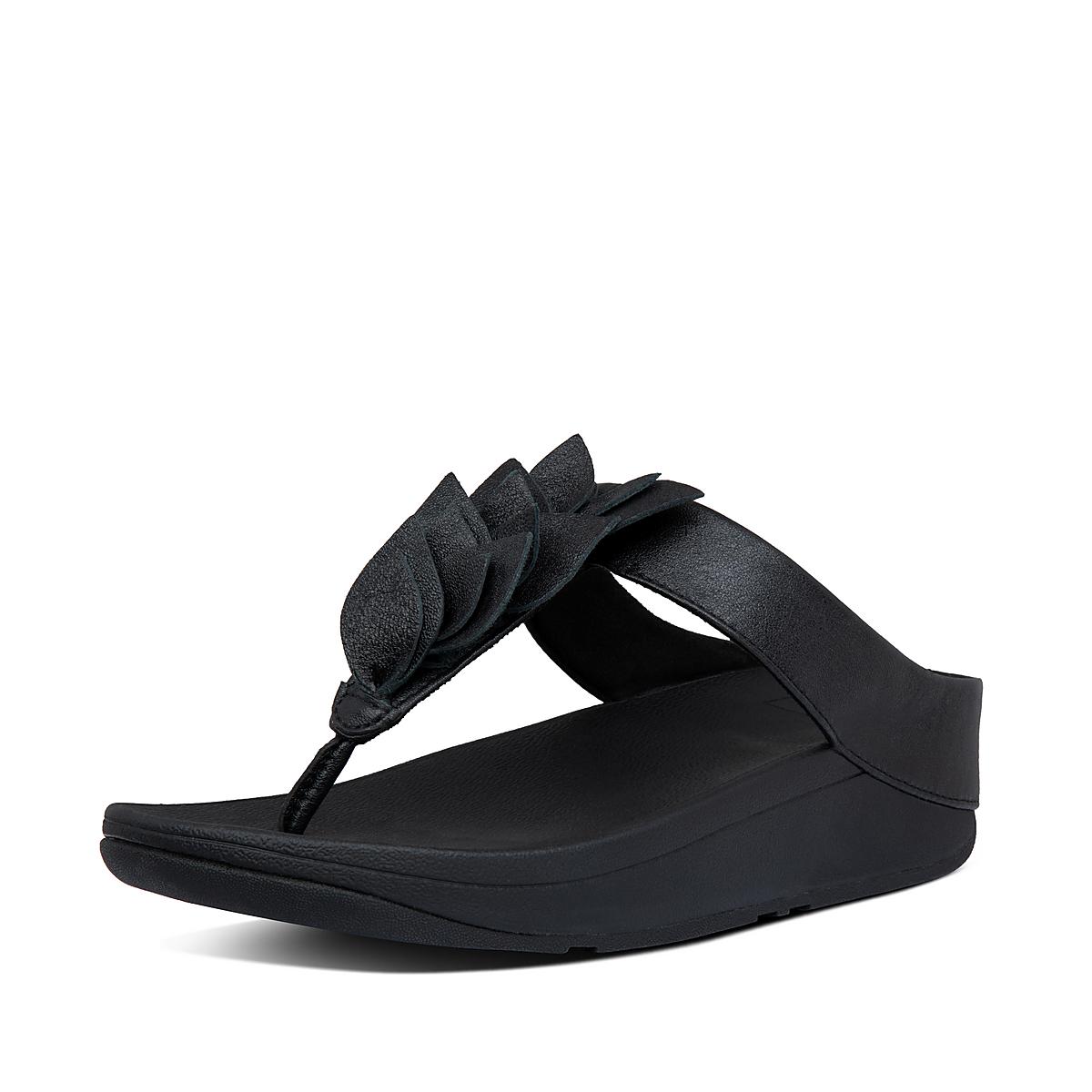 Sandały Fitflop FINO Leaf Leather Toe-Thongs Damskie Czarne | Polska-59432