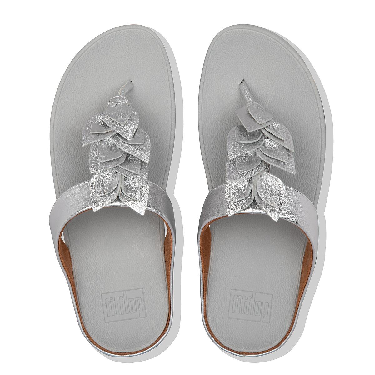 Sandały Fitflop FINO Leaf Metallic Leather Toe-Thongs Damskie Srebrne | Polska-05742