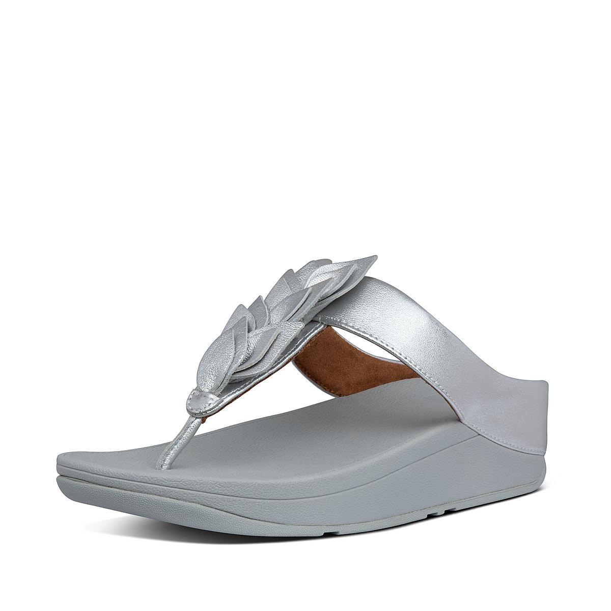 Sandały Fitflop FINO Leaf Metallic Leather Toe-Thongs Damskie Srebrne | Polska-05742