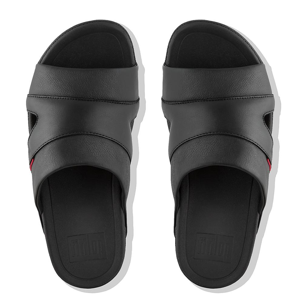 Sandały Fitflop FREEWAY Leather Pool Slides Męskie Czarne | Polska-50248