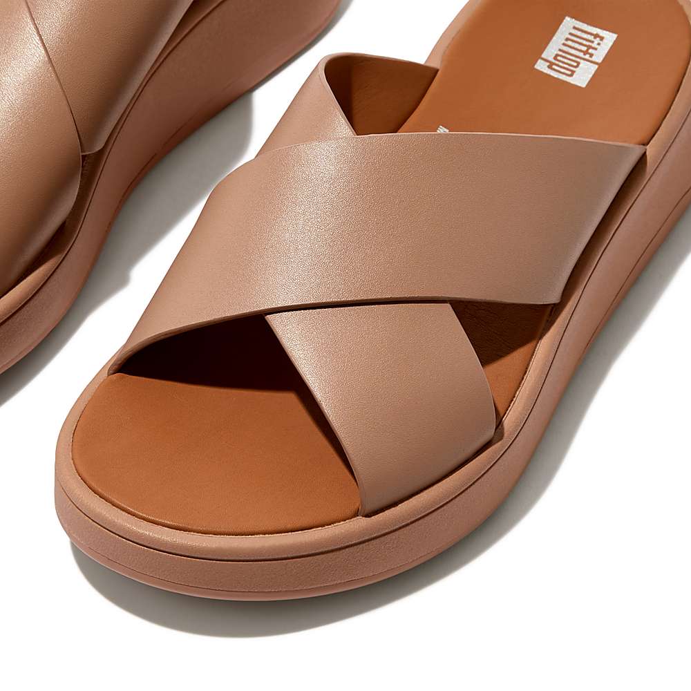 Sandały Fitflop F-MODE Leather Flatform Cross Slides Damskie Beżowe | Polska-09357