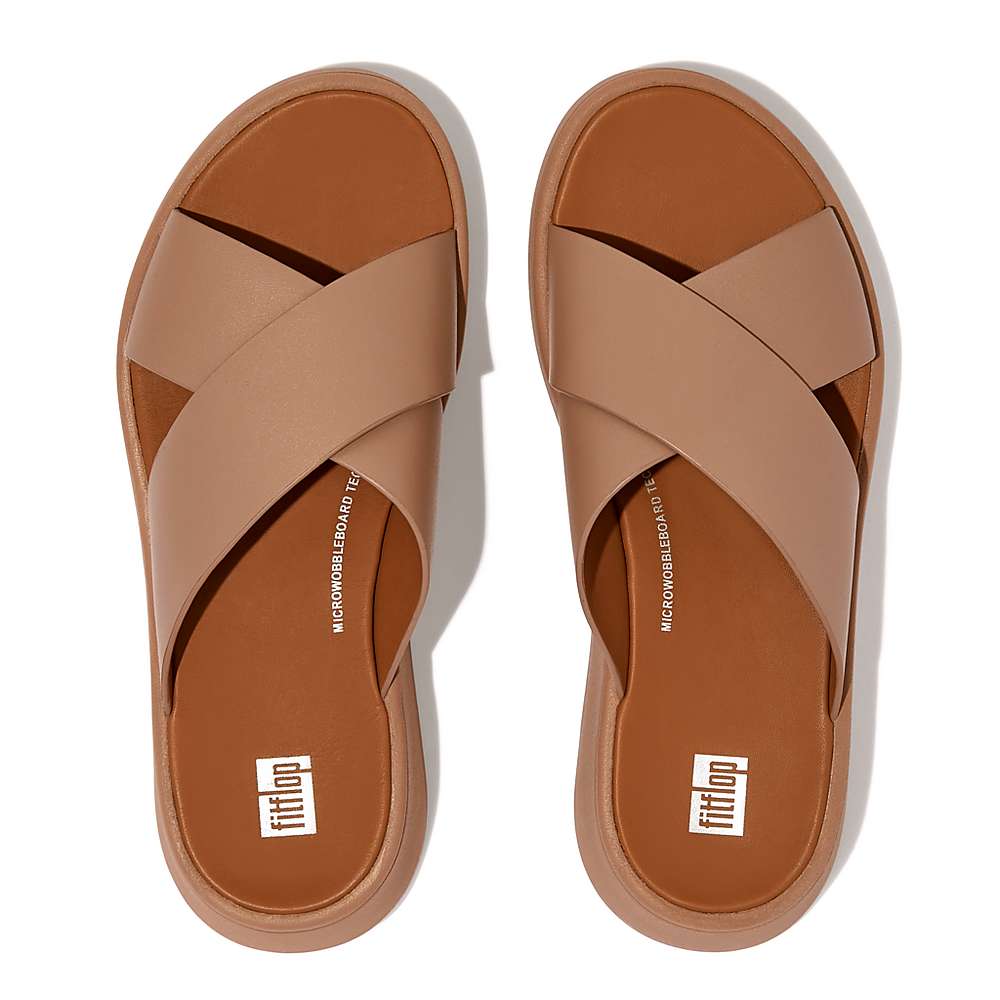 Sandały Fitflop F-MODE Leather Flatform Cross Slides Damskie Beżowe | Polska-09357