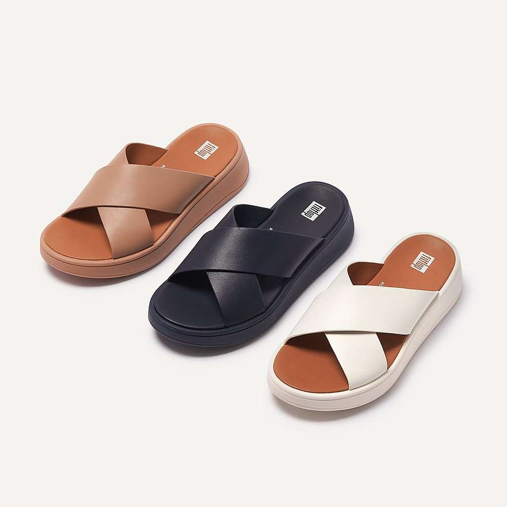 Sandały Fitflop F-MODE Leather Flatform Cross Slides Damskie Beżowe | Polska-09357