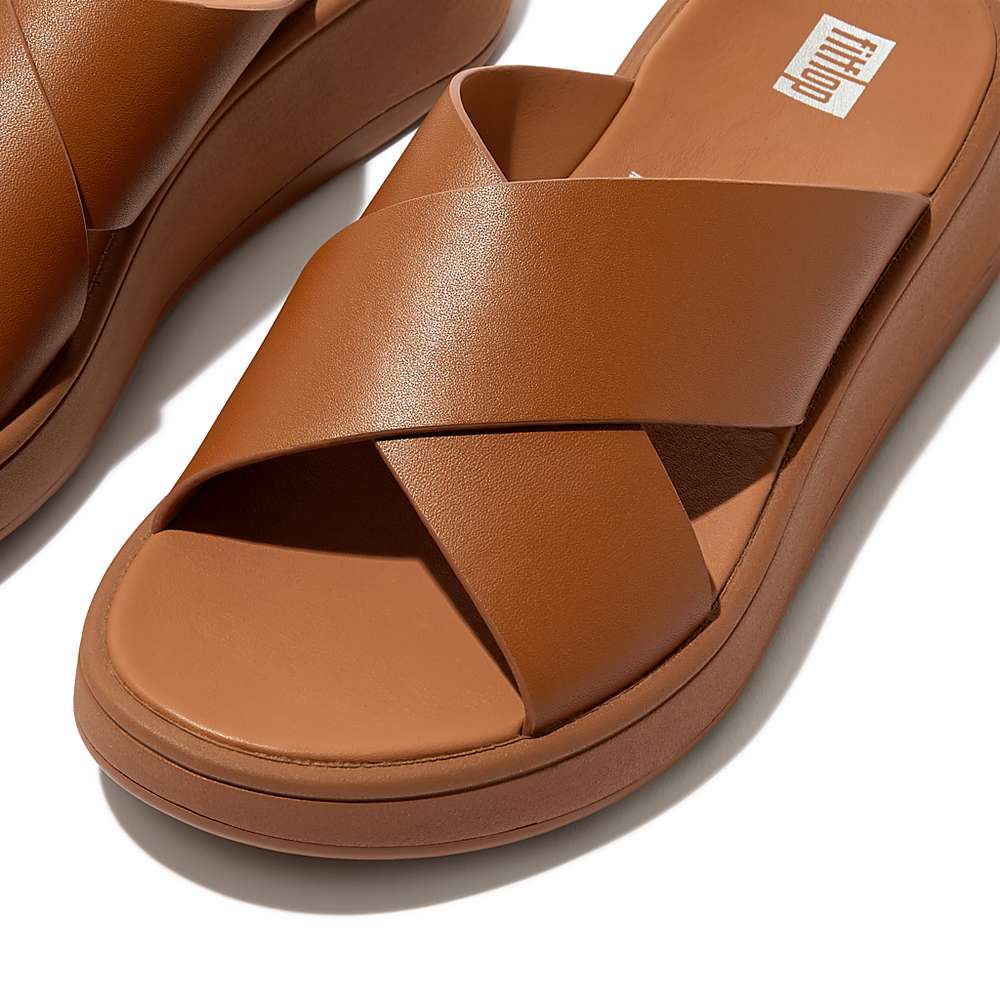 Sandały Fitflop F-MODE Leather Flatform Cross Slides Damskie Głęboka Brązowe | Polska-72509