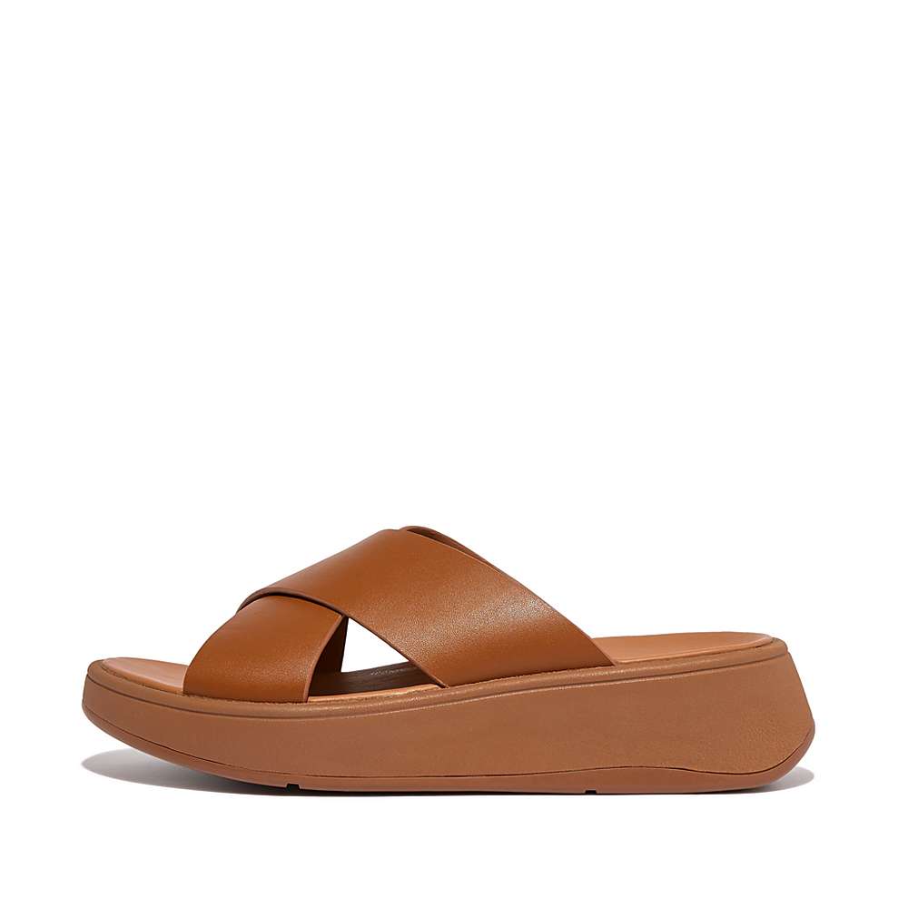 Sandały Fitflop F-MODE Leather Flatform Cross Slides Damskie Głęboka Brązowe | Polska-72509