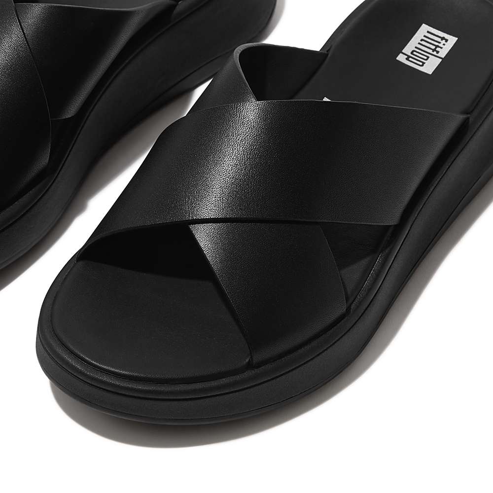 Sandały Fitflop F-MODE Leather Flatform Cross Slides Damskie Czarne | Polska-94580