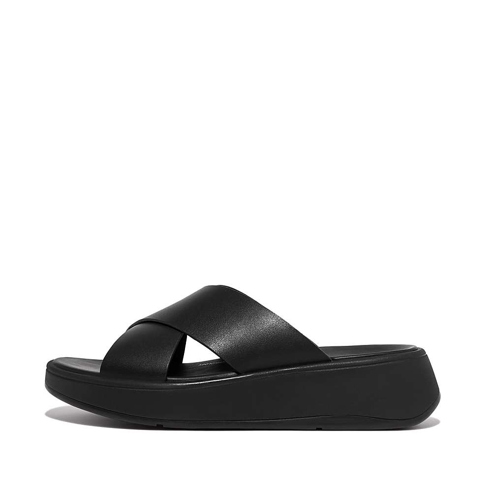 Sandały Fitflop F-MODE Leather Flatform Cross Slides Damskie Czarne | Polska-94580