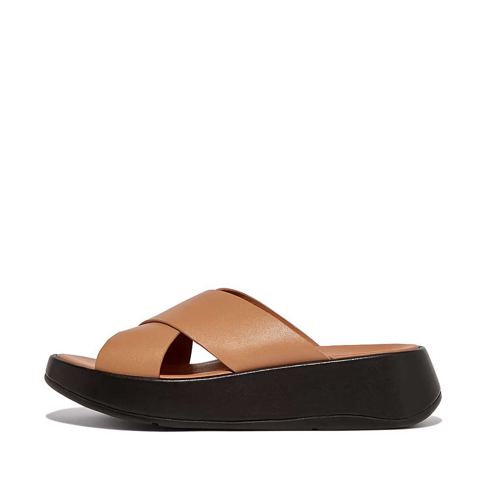 Sandały Fitflop F-MODE Luxe Leather Flatform Cross Slides Damskie Brązowe | Polska-87420