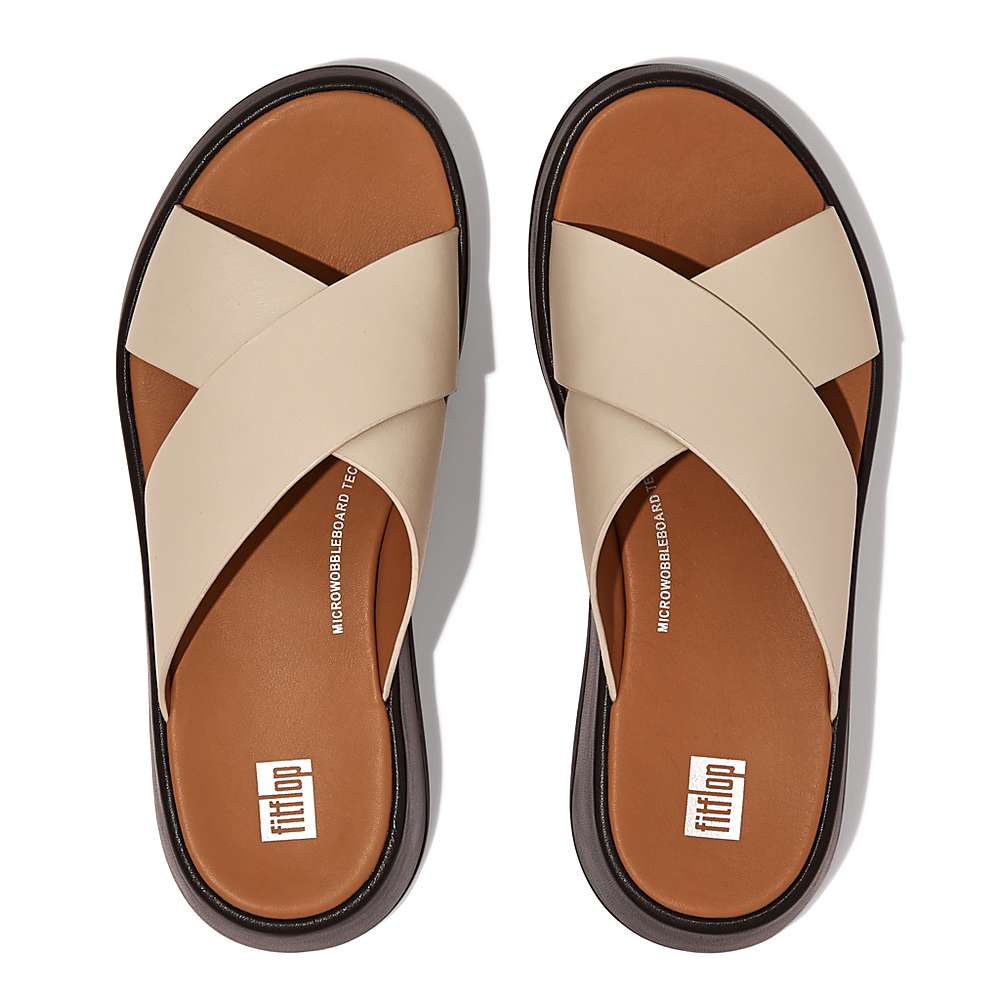 Sandały Fitflop F-MODE Luxe Leather Flatform Cross Slides Damskie Beżowe Czarne | Polska-90527