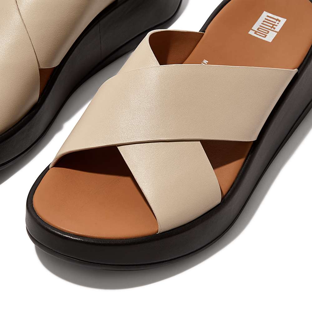 Sandały Fitflop F-MODE Luxe Leather Flatform Cross Slides Damskie Beżowe Czarne | Polska-90527