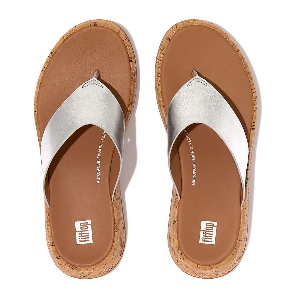 Sandały Fitflop F-MODE Metallic Leather/Cork Flatform Toe-Post Damskie Srebrne | Polska-05378