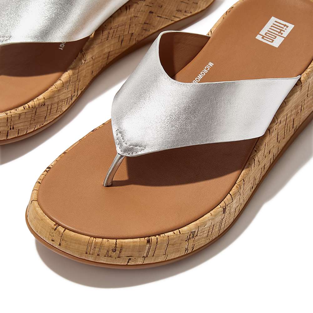 Sandały Fitflop F-MODE Metallic Leather/Cork Flatform Toe-Post Damskie Srebrne | Polska-05378