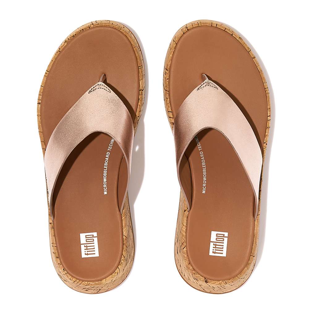 Sandały Fitflop F-MODE Metallic Leather/Cork Flatform Toe-Post Damskie Różowe Złote | Polska-07365