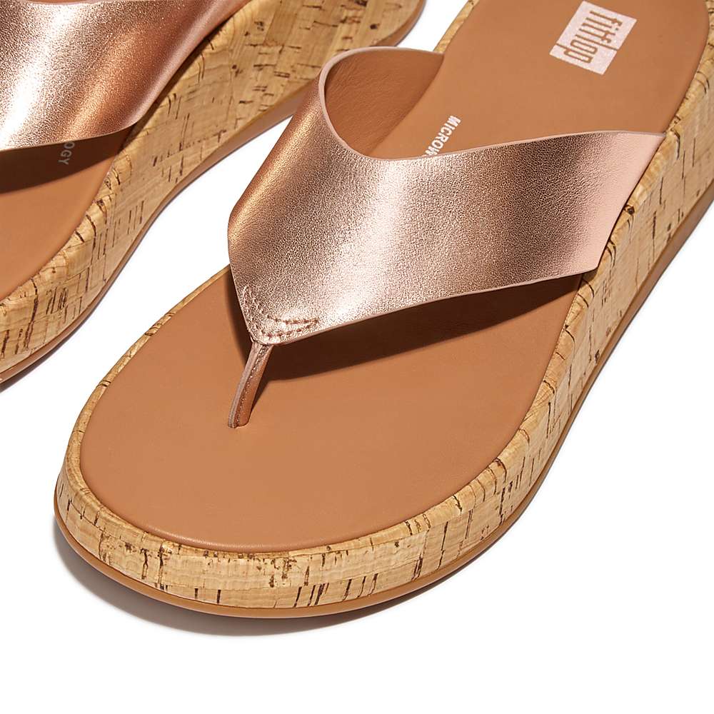 Sandały Fitflop F-MODE Metallic Leather/Cork Flatform Toe-Post Damskie Różowe Złote | Polska-07365