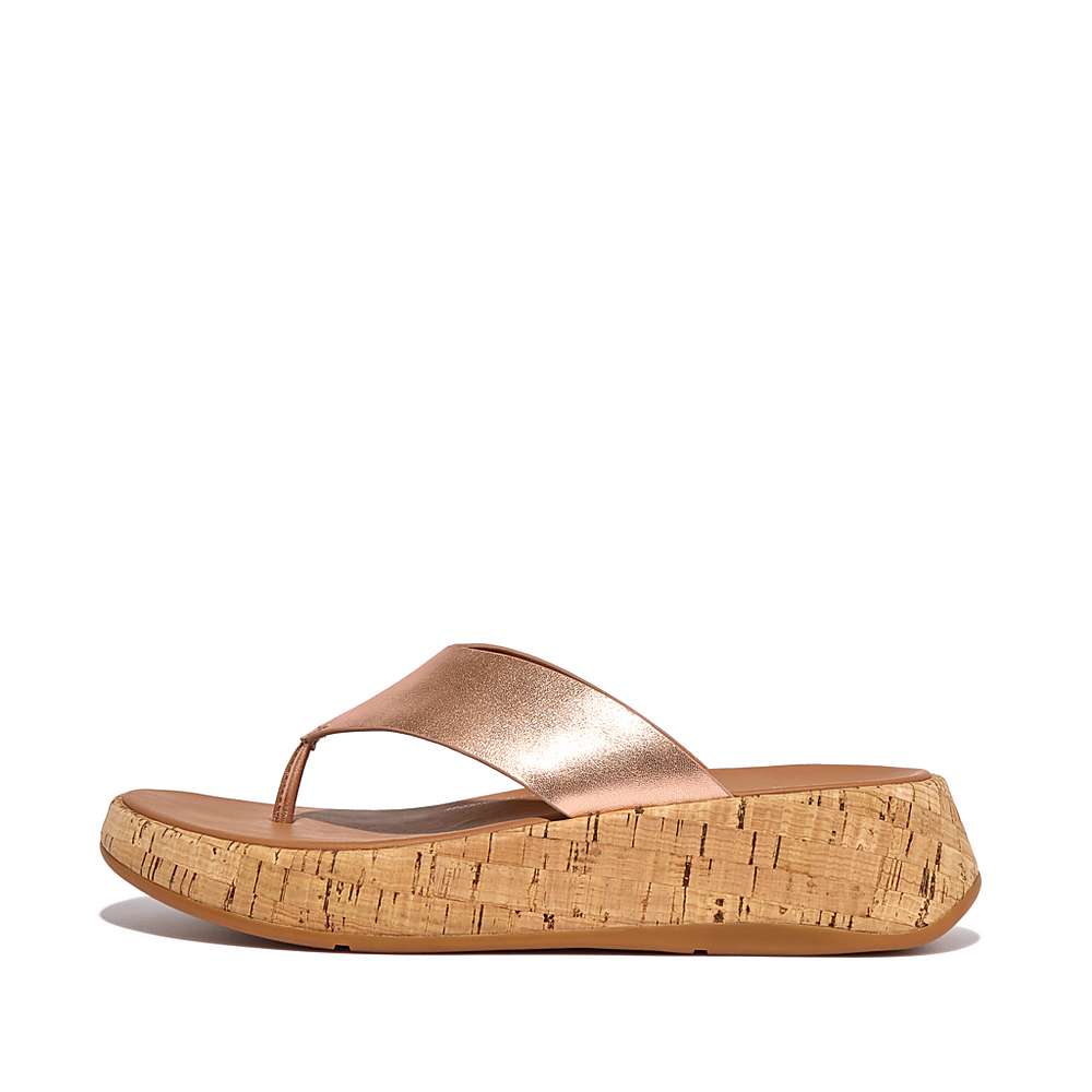 Sandały Fitflop F-MODE Metallic Leather/Cork Flatform Toe-Post Damskie Różowe Złote | Polska-07365