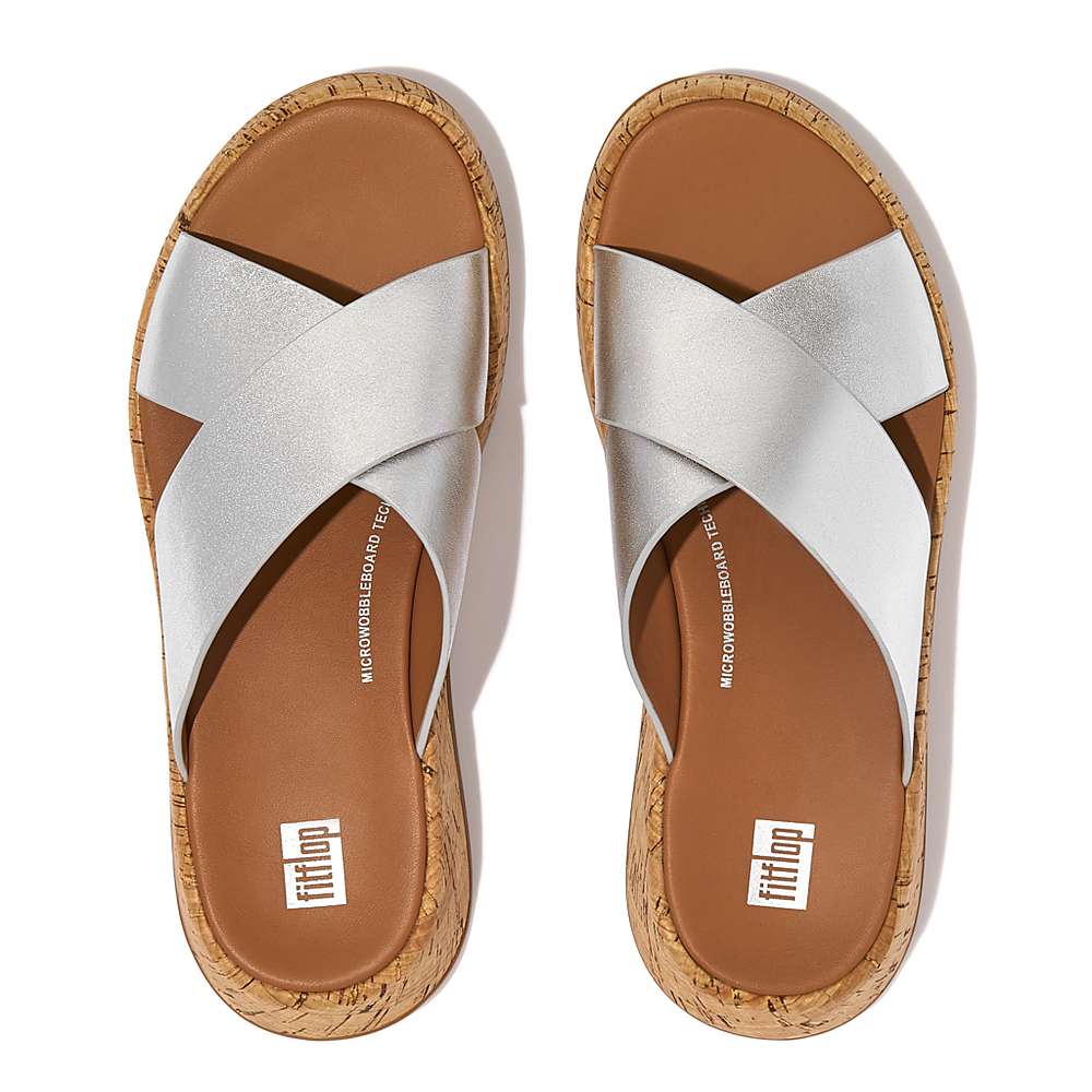 Sandały Fitflop F-MODE Metallic Leather/Cork Flatform Cross Slides Damskie Srebrne | Polska-13946