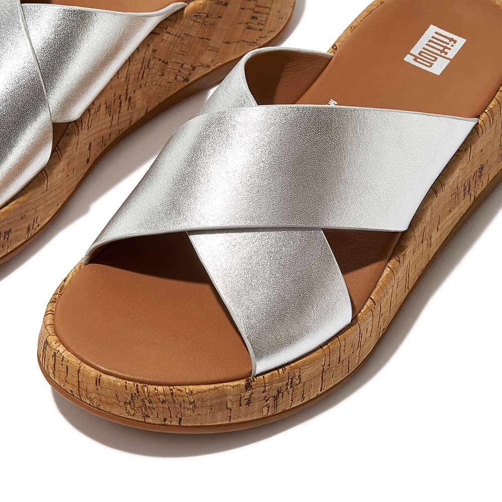 Sandały Fitflop F-MODE Metallic Leather/Cork Flatform Cross Slides Damskie Srebrne | Polska-13946