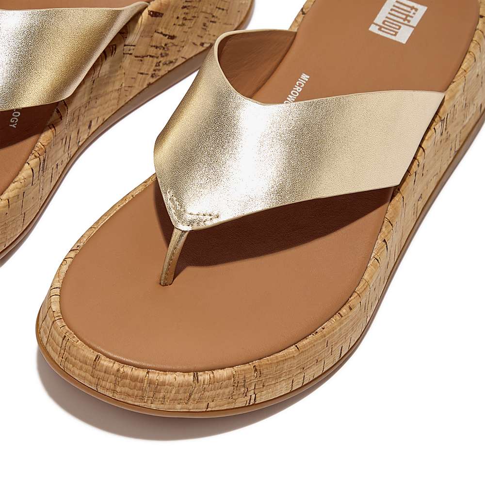 Sandały Fitflop F-MODE Metallic Leather/Cork Flatform Toe-Post Damskie Brązowe Złote | Polska-31954